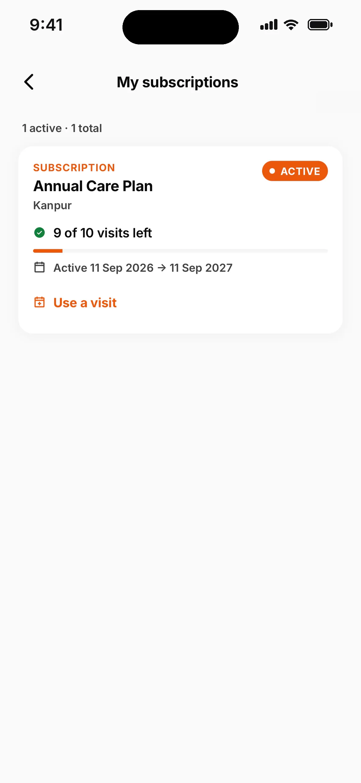 Active annual care plan subscription showing visits left and validity, with a use-a-visit button