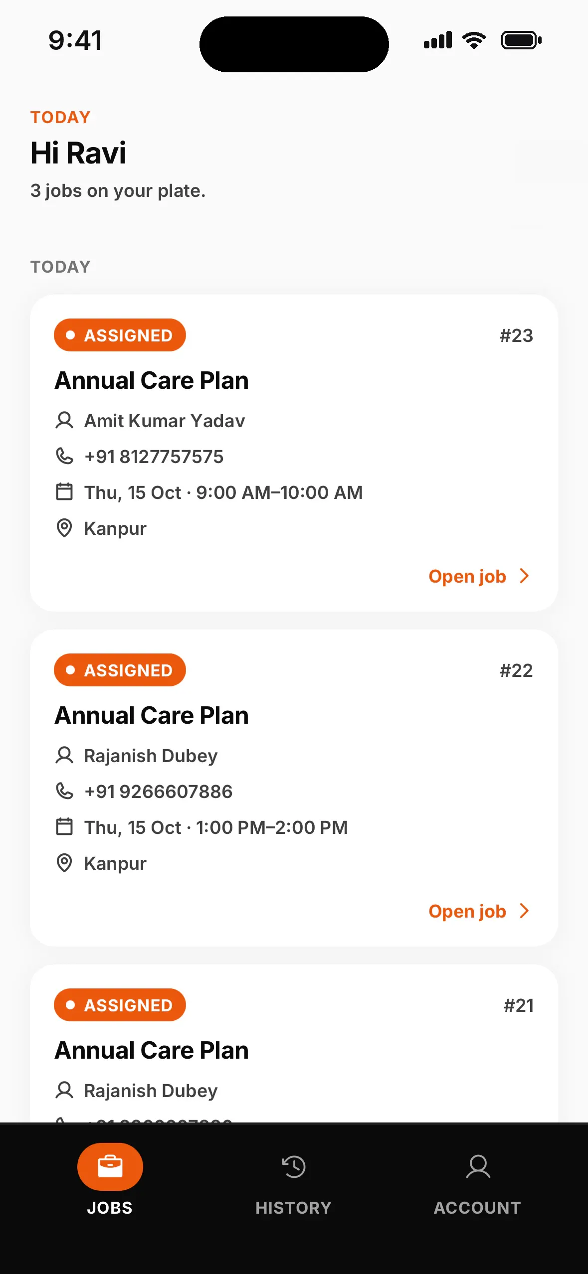 Technician app listing today's assigned jobs with plan, customer, phone, time and branch