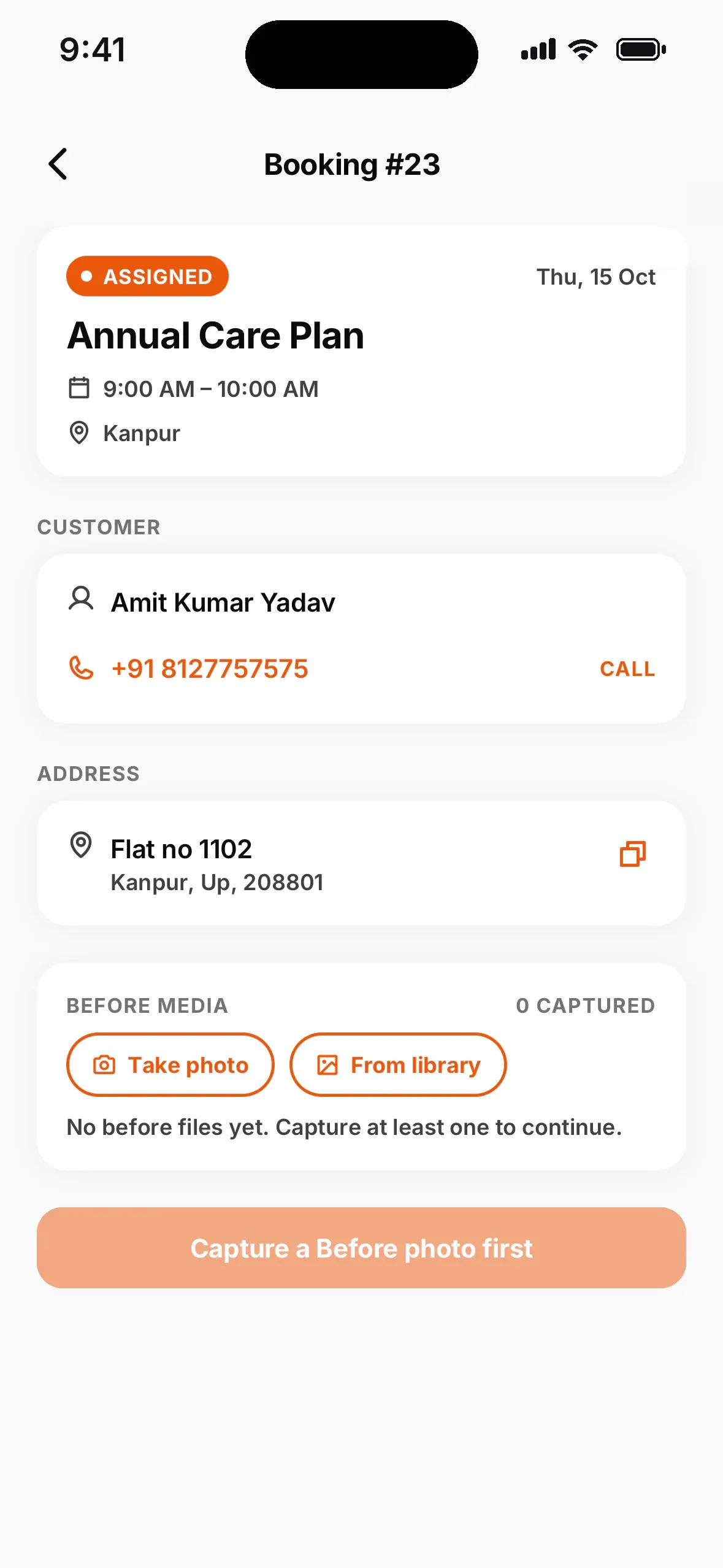 Job details with customer, address and a required before-photo capture step