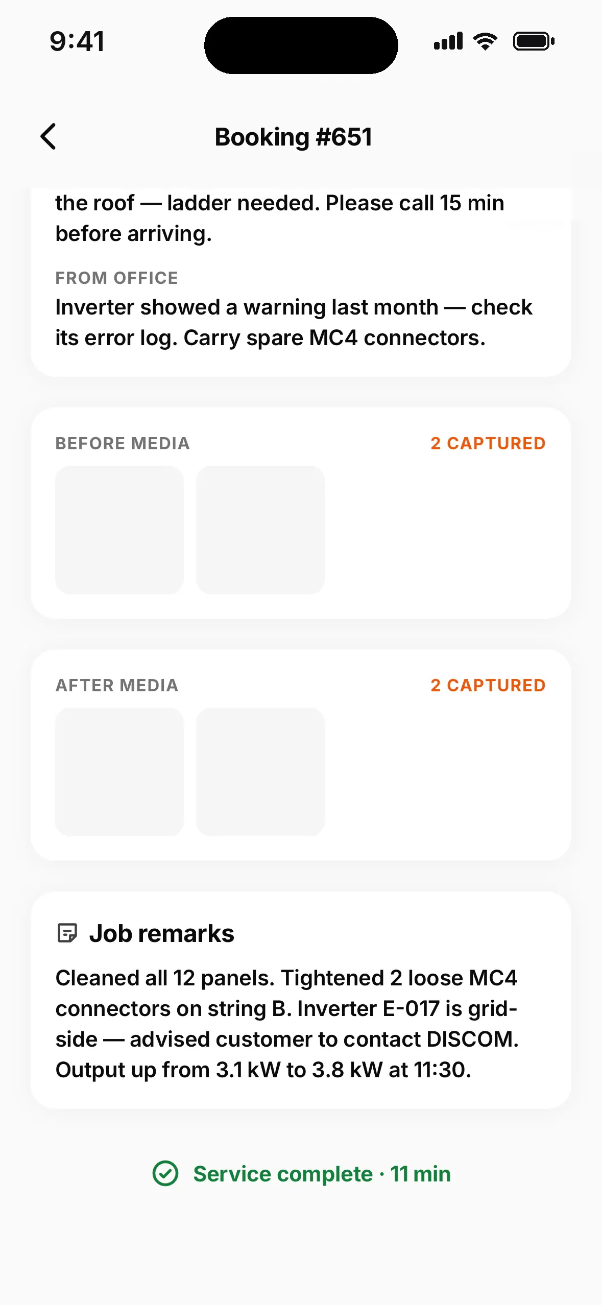 Job report with before and after photos, technician remarks and total service time