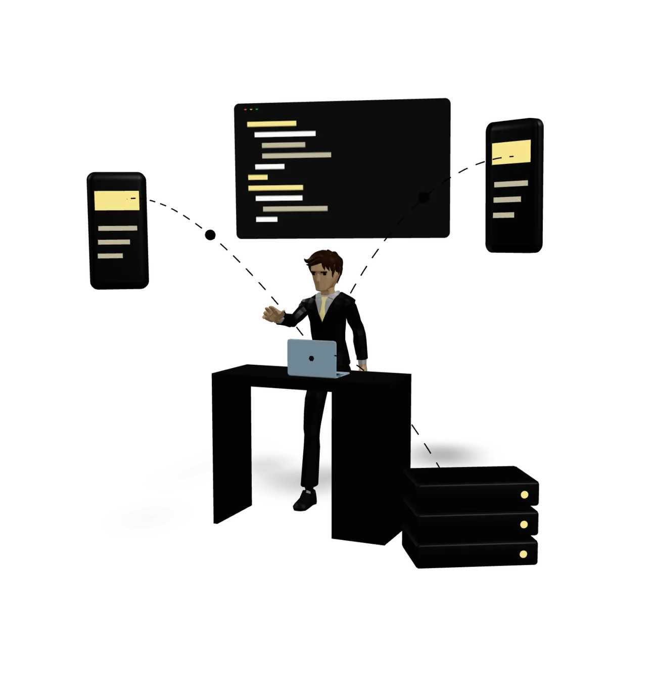 Illustration of Ayush at a standing desk, typing, with the phone apps, code and server he builds floating around him